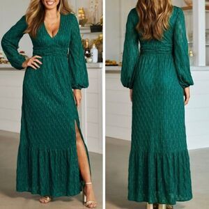 Boston Proper Tiered Cocktail Party Long Sleeve Side Slit Maxi Dress